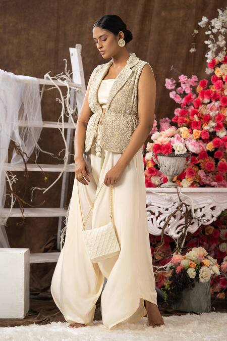 Buy_Farha Syed_Ivory Modal And Chanderi Embroidered Cutdana Lapel Floral Jacket & Dhoti Pant Set _Online_at_Aza_Fashions
