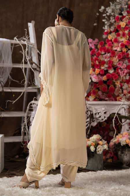 Shop_Farha Syed_Ivory Modal And Soft Organza Embroidered Bead V High Low Kurta & Dhoti Pant Set _at_Aza_Fashions