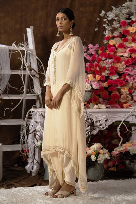 Farha Syed_Ivory Modal And Soft Organza Embroidered Bead V High Low Kurta & Dhoti Pant Set _Online_at_Aza_Fashions