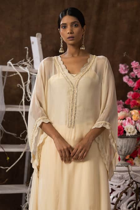 Buy_Farha Syed_Ivory Modal And Soft Organza Embroidered Bead V High Low Kurta & Dhoti Pant Set _Online_at_Aza_Fashions