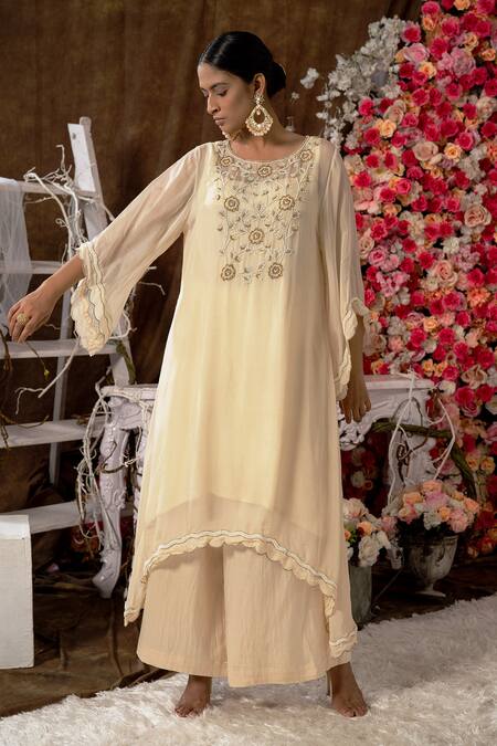 Farha Syed Ivory Modal, Taffeta, Organza Cut Work, Floral Cutdana And Kurta & Palazzo Set Online at Aza Fashions Farha Syed_Ivory Modal, Taffeta, Organza Cut Work, Floral Cutdana And Kurta & Palazzo Set _Online_at_Aza_Fashions