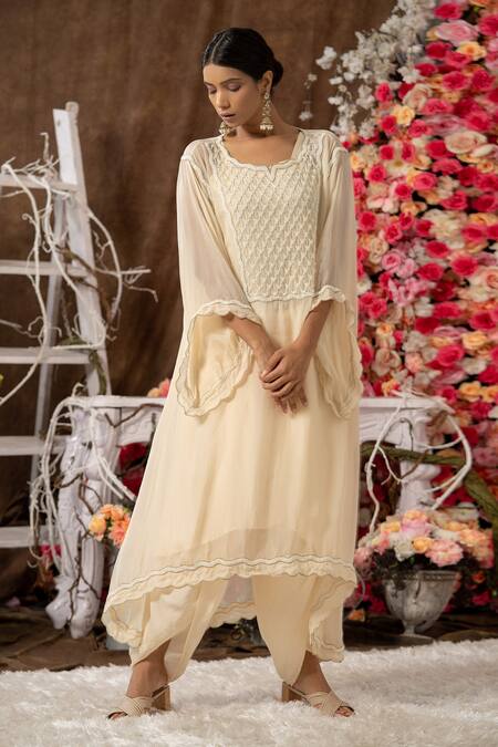 Farha Syed Ivory Modal, Organza, Taffeta Cut And Cutdana Embroidered Kurta Dhoti Pant Set Online at Aza Fashions Farha Syed_Ivory Modal, Organza, Taffeta Cut And Cutdana Embroidered Kurta Dhoti Pant Set _Online_at_Aza_Fashions