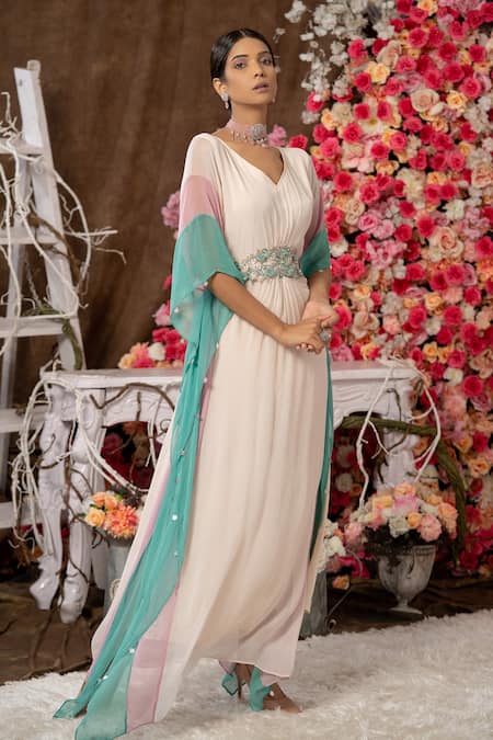 Farha Syed Cream Georgette, Taffeta Sequins, Beads Floral Embroidered Gathered Kaftan Online at Aza Fashions Farha Syed_Cream Georgette, Taffeta Sequins, Beads Floral Embroidered Gathered Kaftan _Online_at_Aza_Fashions
