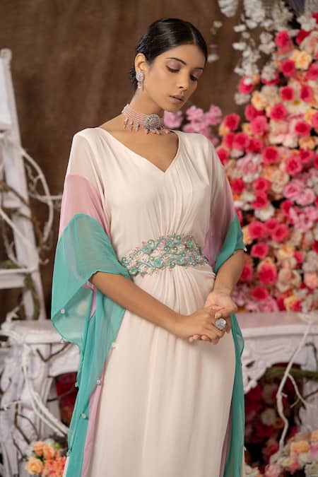 Buy Farha Syed Cream Georgette, Taffeta Sequins, Beads Floral Embroidered Gathered Kaftan Online at Aza Fashions Buy_Farha Syed_Cream Georgette, Taffeta Sequins, Beads Floral Embroidered Gathered Kaftan _Online_at_Aza_Fashions