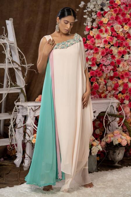 Farha Syed Cream Georgette, Taffeta Embroidery Asymmetric 3d Floral Kaftan Online at Aza Fashions Farha Syed_Cream Georgette, Taffeta Embroidery Asymmetric 3d Floral Kaftan _Online_at_Aza_Fashions