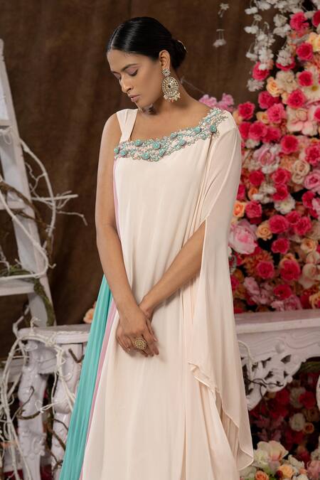 Buy Farha Syed Cream Georgette, Taffeta Embroidery Asymmetric 3d Floral Kaftan Online at Aza Fashions Buy_Farha Syed_Cream Georgette, Taffeta Embroidery Asymmetric 3d Floral Kaftan _Online_at_Aza_Fashions