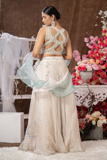 Shop Farha Syed Beige Organza, Tulle Sequins, Beads, Embroiderede Double Layered Lehenga Set at Aza Fashions Shop_Farha Syed_Beige Organza, Tulle Sequins, Beads, Embroiderede Double Layered Lehenga Set _at_Aza_Fashions