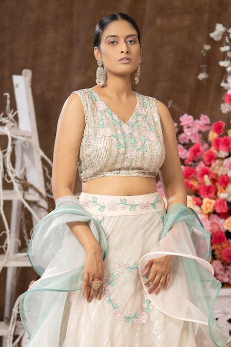 Farha Syed Beige Organza, Tulle Sequins, Beads, Embroiderede Double Layered Lehenga Set Online at Aza Fashions Farha Syed_Beige Organza, Tulle Sequins, Beads, Embroiderede Double Layered Lehenga Set _Online_at_Aza_Fashions