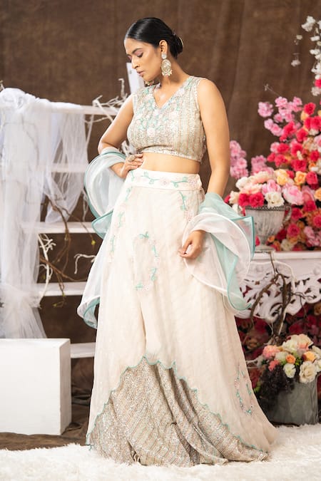 Buy Farha Syed Beige Organza, Tulle Sequins, Beads, Embroiderede Double Layered Lehenga Set Online at Aza Fashions Buy_Farha Syed_Beige Organza, Tulle Sequins, Beads, Embroiderede Double Layered Lehenga Set _Online_at_Aza_Fashions