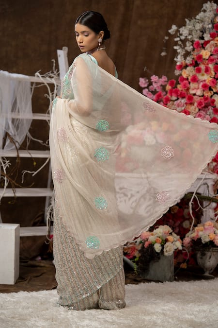 Shop Farha Syed Peach Organza, Tulle, Taffeta Sequins, Embroidery Scallop Saree With Blouse at Aza Fashions Shop_Farha Syed_Peach Organza, Tulle, Taffeta Sequins, Embroidery Scallop Saree With Blouse _at_Aza_Fashions