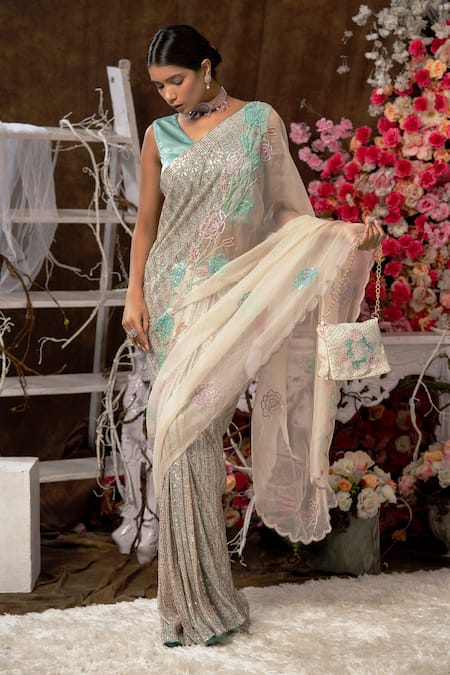 Farha Syed Peach Organza, Tulle, Taffeta Sequins, Embroidery Scallop Saree With Blouse Online at Aza Fashions Farha Syed_Peach Organza, Tulle, Taffeta Sequins, Embroidery Scallop Saree With Blouse _Online_at_Aza_Fashions