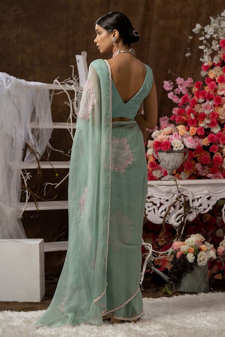 Shop Farha Syed Green Organza, Satin Cut Work Floral Placement Embroidered Saree With Blouse at Aza Fashions Shop_Farha Syed_Green Organza, Satin Cut Work Floral Placement Embroidered Saree With Blouse _at_Aza_Fashions