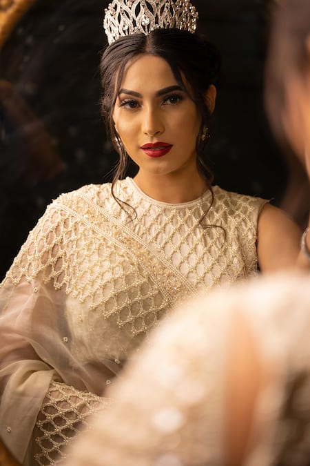 Farha Syed_Ivory Gabardine, Organza, Gingham Sequins, And Embroidered Saree With Blouse_Online_at_Aza_Fashions