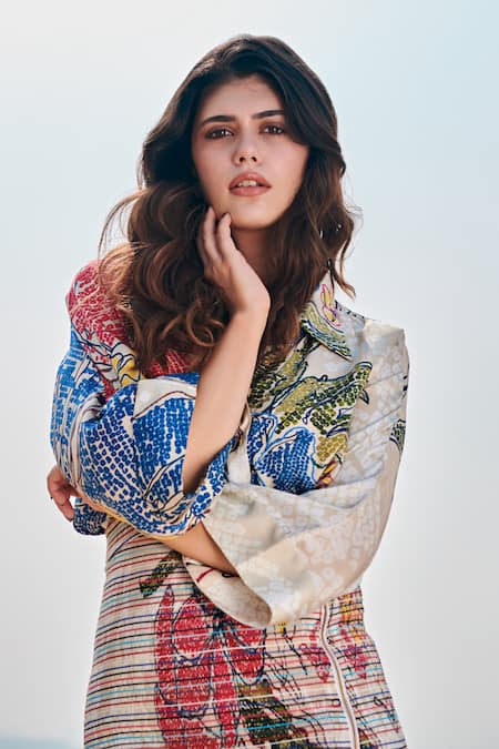 Saaksha & Kinni Ivory Cotton, Silk Embroidery Periwinkle Bandhani Print Bodycon Skirt Online at Aza Fashions Saaksha & Kinni_Ivory Cotton, Silk Embroidery Periwinkle Bandhani Print Bodycon Skirt _Online_at_Aza_Fashions