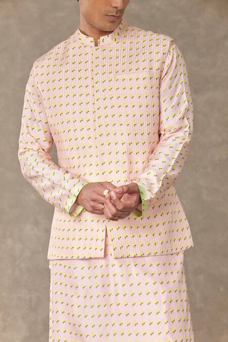 Masaba_Pink Raw Silk Embroidered Stitch Line Details Barfi Bundi_Online_at_Aza_Fashions