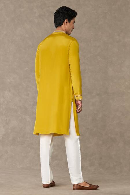 Masaba_Yellow Crepe Embroidery Placket Kurta_Online_at_Aza_Fashions