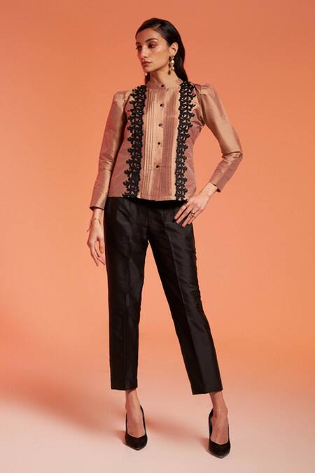 Buy Enness Studio Beige Taffeta Embroidery Bandeau Neck Athena Patch Work Shirt And Pant Set Online at Aza Fashions Buy_Enness Studio_Beige Taffeta Embroidery Bandeau Neck Athena Patch Work Shirt And Pant Set _Online_at_Aza_Fashions
