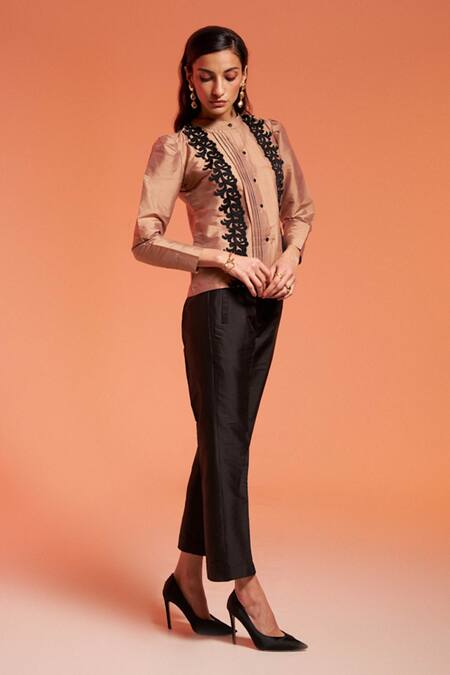 Shop Enness Studio Beige Taffeta Embroidery Bandeau Neck Athena Patch Work Shirt And Pant Set Online at Aza Fashions Shop_Enness Studio_Beige Taffeta Embroidery Bandeau Neck Athena Patch Work Shirt And Pant Set _Online_at_Aza_Fashions