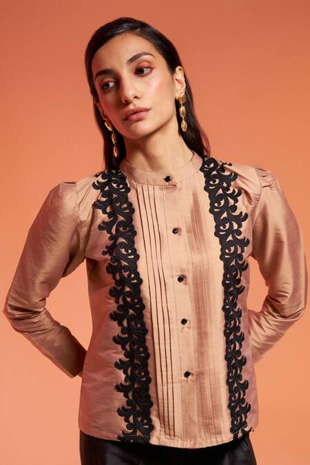 Enness Studio Beige Taffeta Embroidery Bandeau Neck Athena Patch Work Shirt And Pant Set at Aza Fashions Enness Studio_Beige Taffeta Embroidery Bandeau Neck Athena Patch Work Shirt And Pant Set _at_Aza_Fashions