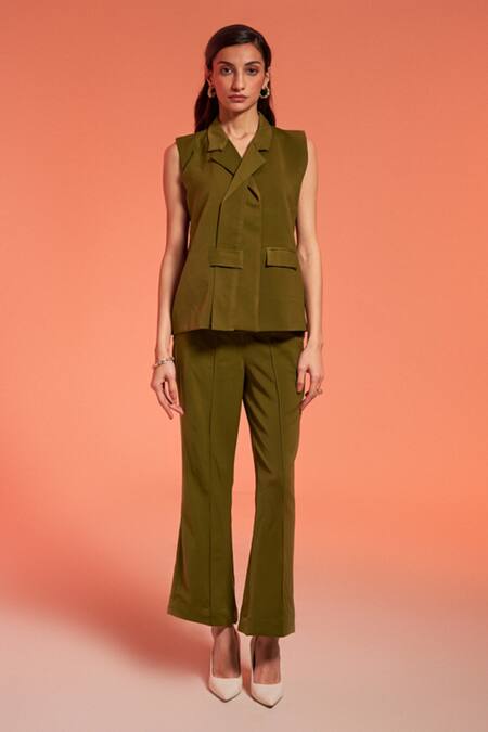 Enness Studio_Green Cotton Penelope Blazer And Pant Co-ord Set _Online_at_Aza_Fashions