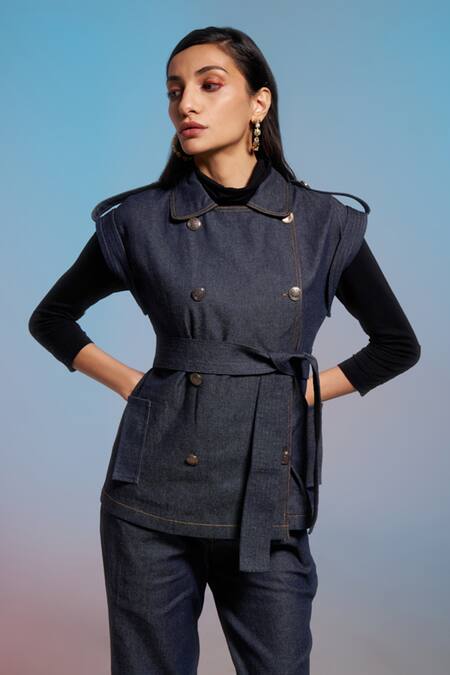 Buy_Enness Studio_Blue Denim Collared Daphne Jacket And Pant Co-ord Set _Online_at_Aza_Fashions