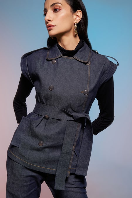 Shop_Enness Studio_Blue Denim Collared Daphne Jacket And Pant Co-ord Set _Online_at_Aza_Fashions