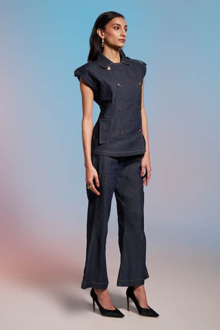 Enness Studio_Blue Denim Collared Daphne Jacket And Pant Co-ord Set _at_Aza_Fashions