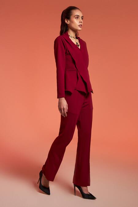 Enness Studio_Pink Crepe V-neck Pandora Peplum Top And Pant Co-ord Set _Online_at_Aza_Fashions