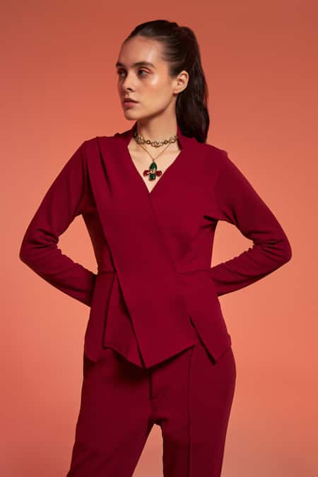 Buy_Enness Studio_Pink Crepe V-neck Pandora Peplum Top And Pant Co-ord Set _Online_at_Aza_Fashions