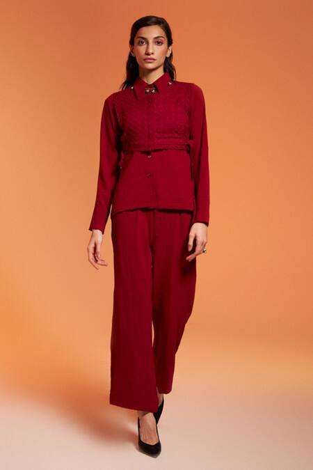 Enness Studio_Maroon Crepe Lace, Embroidery Rosewood Schiffli Waistcoat And Pant Co-ord Set _Online_at_Aza_Fashions