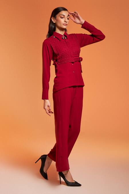 Buy_Enness Studio_Maroon Crepe Lace, Embroidery Rosewood Schiffli Waistcoat And Pant Co-ord Set _Online_at_Aza_Fashions