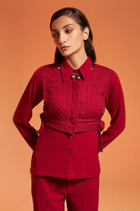 Shop_Enness Studio_Maroon Crepe Lace, Embroidery Rosewood Schiffli Waistcoat And Pant Co-ord Set _Online_at_Aza_Fashions