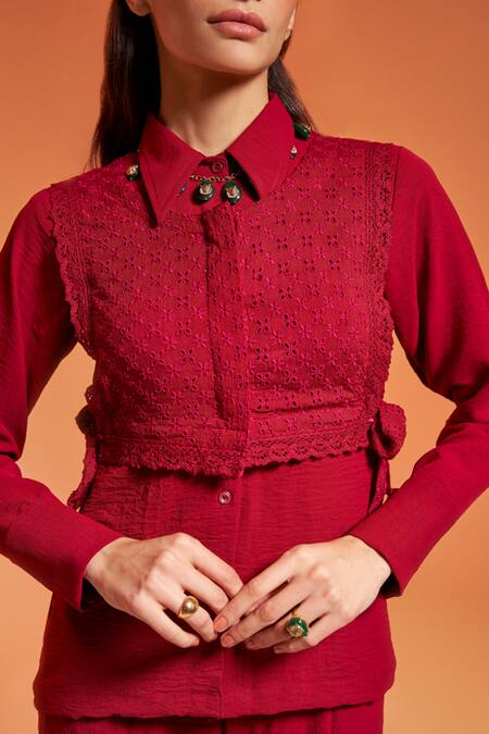 Enness Studio_Maroon Crepe Lace, Embroidery Rosewood Schiffli Waistcoat And Pant Co-ord Set _at_Aza_Fashions