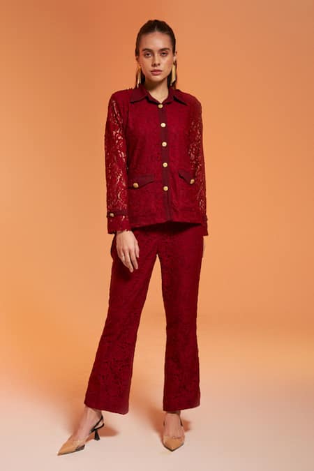 Enness Studio Maroon Lace Collar Kylie Shirt And Trouser Co-ord Set  