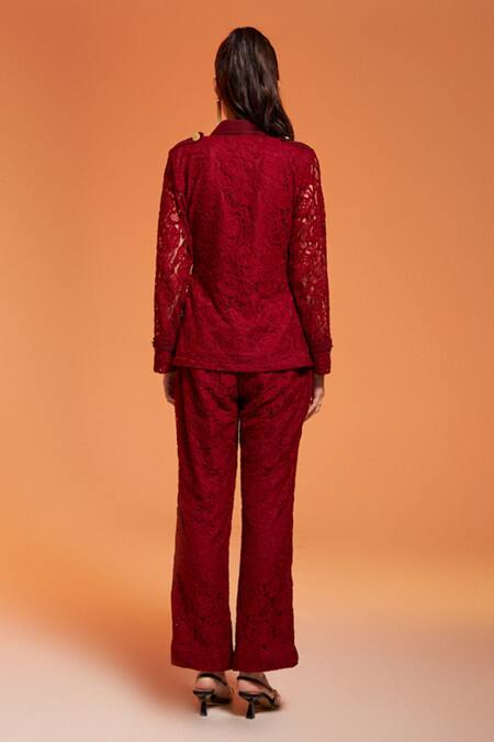 Shop Enness Studio Maroon Embroidery, Collared Kylie Shirt And Trouser Co-ord Set at Aza Fashions Shop_Enness Studio_Maroon Embroidery, Collared Kylie Shirt And Trouser Co-ord Set_at_Aza_Fashions