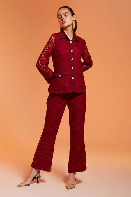 Enness Studio Maroon Embroidery, Collared Kylie Shirt And Trouser Co-ord Set Online at Aza Fashions Enness Studio_Maroon Embroidery, Collared Kylie Shirt And Trouser Co-ord Set_Online_at_Aza_Fashions