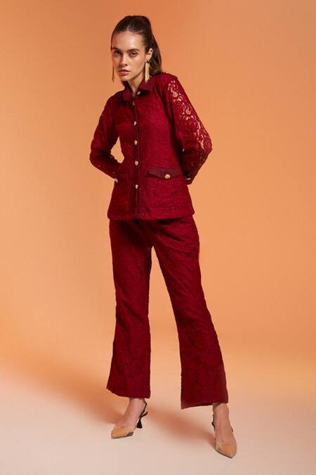 Buy Enness Studio Maroon Embroidery, Collared Kylie Shirt And Trouser Co-ord Set Online at Aza Fashions Buy_Enness Studio_Maroon Embroidery, Collared Kylie Shirt And Trouser Co-ord Set_Online_at_Aza_Fashions