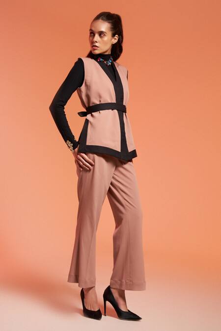 Enness Studio_Peach Crepe Nova Color Block Blazer And Pant Co-ord Set_Online_at_Aza_Fashions