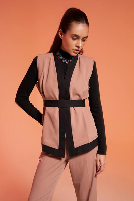 Buy_Enness Studio_Peach Crepe Nova Color Block Blazer And Pant Co-ord Set_Online_at_Aza_Fashions