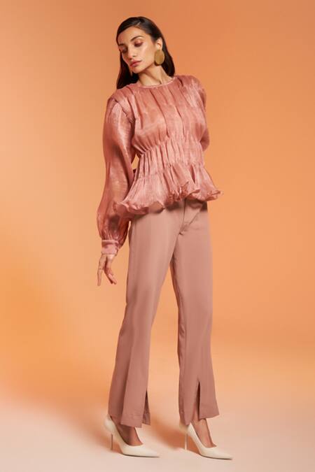 Shop Enness Studio Peach Organa Textured Round Evera Ruched Top And Slit Pant Co-ord Set at Aza Fashions Shop_Enness Studio_Peach Organa Textured Round Evera Ruched Top And Slit Pant Co-ord Set_at_Aza_Fashions