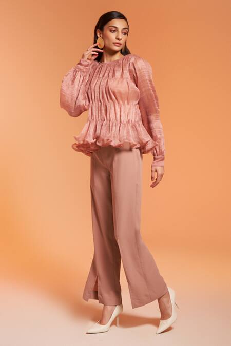 Enness Studio Peach Organa Textured Round Evera Ruched Top And Slit Pant Co-ord Set Online at Aza Fashions Enness Studio_Peach Organa Textured Round Evera Ruched Top And Slit Pant Co-ord Set_Online_at_Aza_Fashions