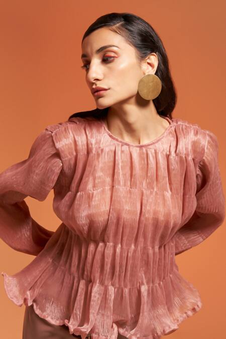 Buy Enness Studio Peach Organa Textured Round Evera Ruched Top And Slit Pant Co-ord Set Online at Aza Fashions Buy_Enness Studio_Peach Organa Textured Round Evera Ruched Top And Slit Pant Co-ord Set_Online_at_Aza_Fashions