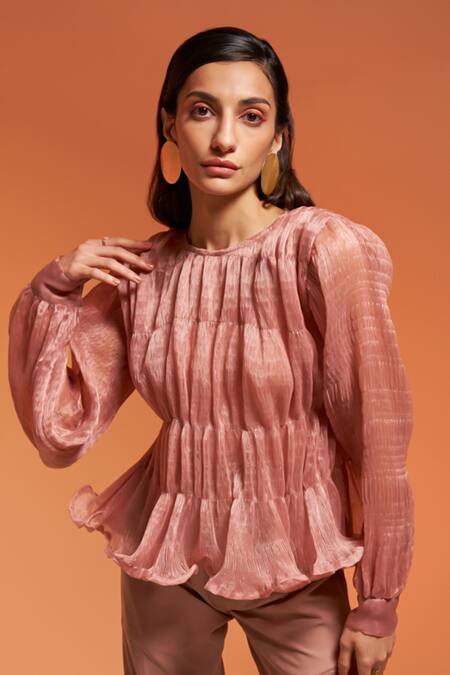 Shop Enness Studio Peach Organa Textured Round Evera Ruched Top And Slit Pant Co-ord Set Online at Aza Fashions Shop_Enness Studio_Peach Organa Textured Round Evera Ruched Top And Slit Pant Co-ord Set_Online_at_Aza_Fashions