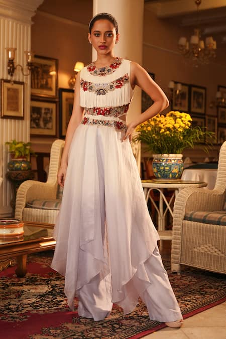 Nehha Nhata Off White Organza/silk Hand Embroidered Dori Tassel Draped Tunic And Pant Set 