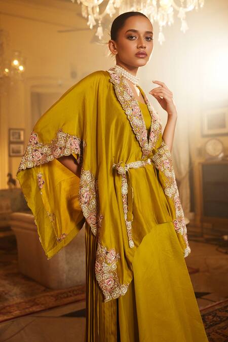 Buy_Nehha Nhata_Green Silk/organza Hand Embroidered Floral Kaftan Notched Lapel And Skirt Set _Online_at_Aza_Fashions