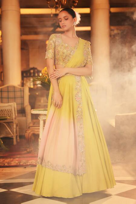 Nehha Nhata Green Silk/organza/satin Hand Embroidered Floral U Neck Blouse Lehenga Set Online at Aza Fashions Nehha Nhata_Green Silk/organza/satin Hand Embroidered Floral U Neck Blouse Lehenga Set _Online_at_Aza_Fashions