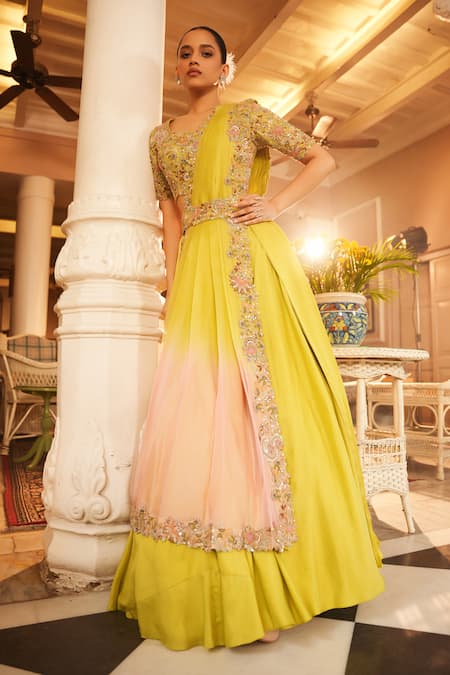 Buy Nehha Nhata Green Silk/organza/satin Hand Embroidered Floral U Neck Blouse Lehenga Set Online at Aza Fashions Buy_Nehha Nhata_Green Silk/organza/satin Hand Embroidered Floral U Neck Blouse Lehenga Set _Online_at_Aza_Fashions