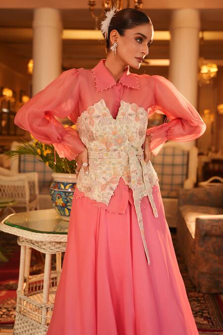 Buy_Nehha Nhata_Pink Silk/organza Hand Embroidered Floral Shirt Collar Corset And Skirt Set _Online_at_Aza_Fashions