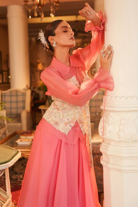 Shop_Nehha Nhata_Pink Silk/organza Hand Embroidered Floral Shirt Collar Corset And Skirt Set _Online_at_Aza_Fashions
