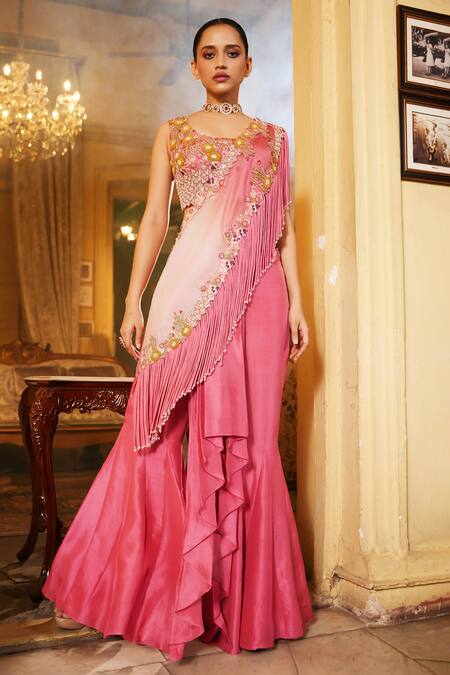 Nehha Nhata Pink Silk/organza Hand Embroidered Floral Scoop Tassel Drape Gharara Saree Set Online at Aza Fashions Nehha Nhata_Pink Silk/organza Hand Embroidered Floral Scoop Tassel Drape Gharara Saree Set _Online_at_Aza_Fashions